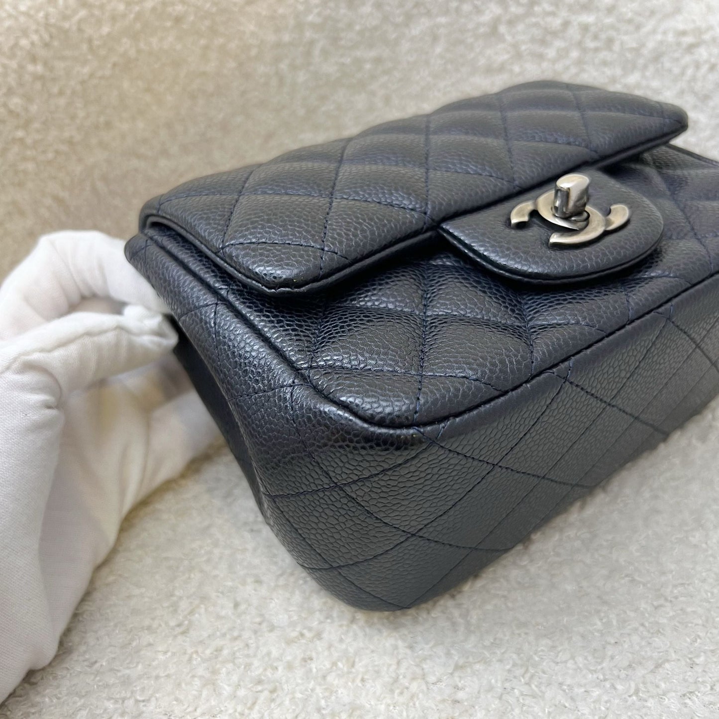 Chanel Classic Mini Square Flap in Navy Blue (Almost Black) Caviar and RHW