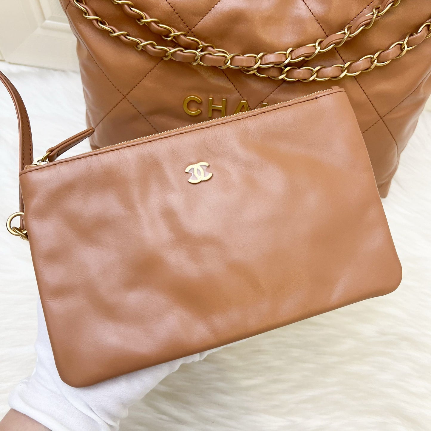 Chanel 22 Small Hobo Handbag in Caramel Calfskin and AGHW