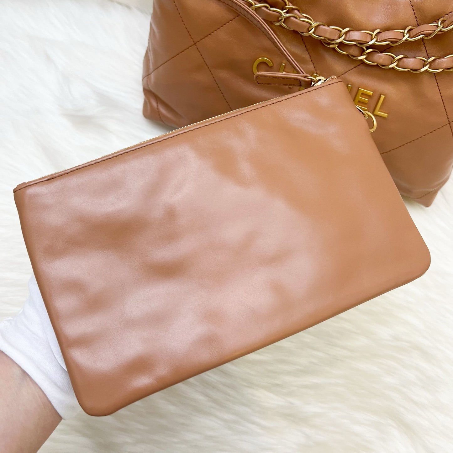 Chanel 22 Small Hobo Handbag in Caramel Calfskin and AGHW