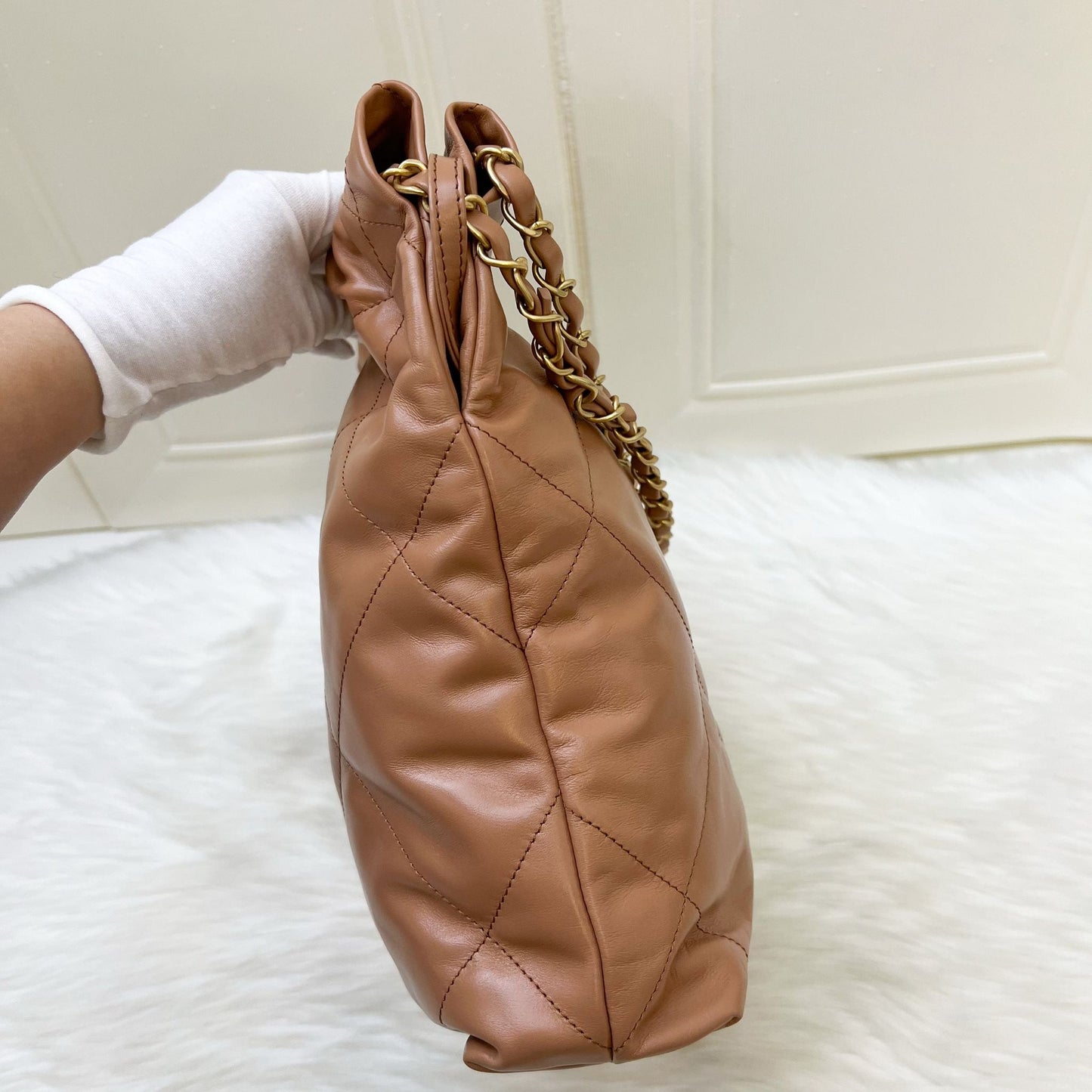 Chanel 22 Small Hobo Handbag in Caramel Calfskin and AGHW