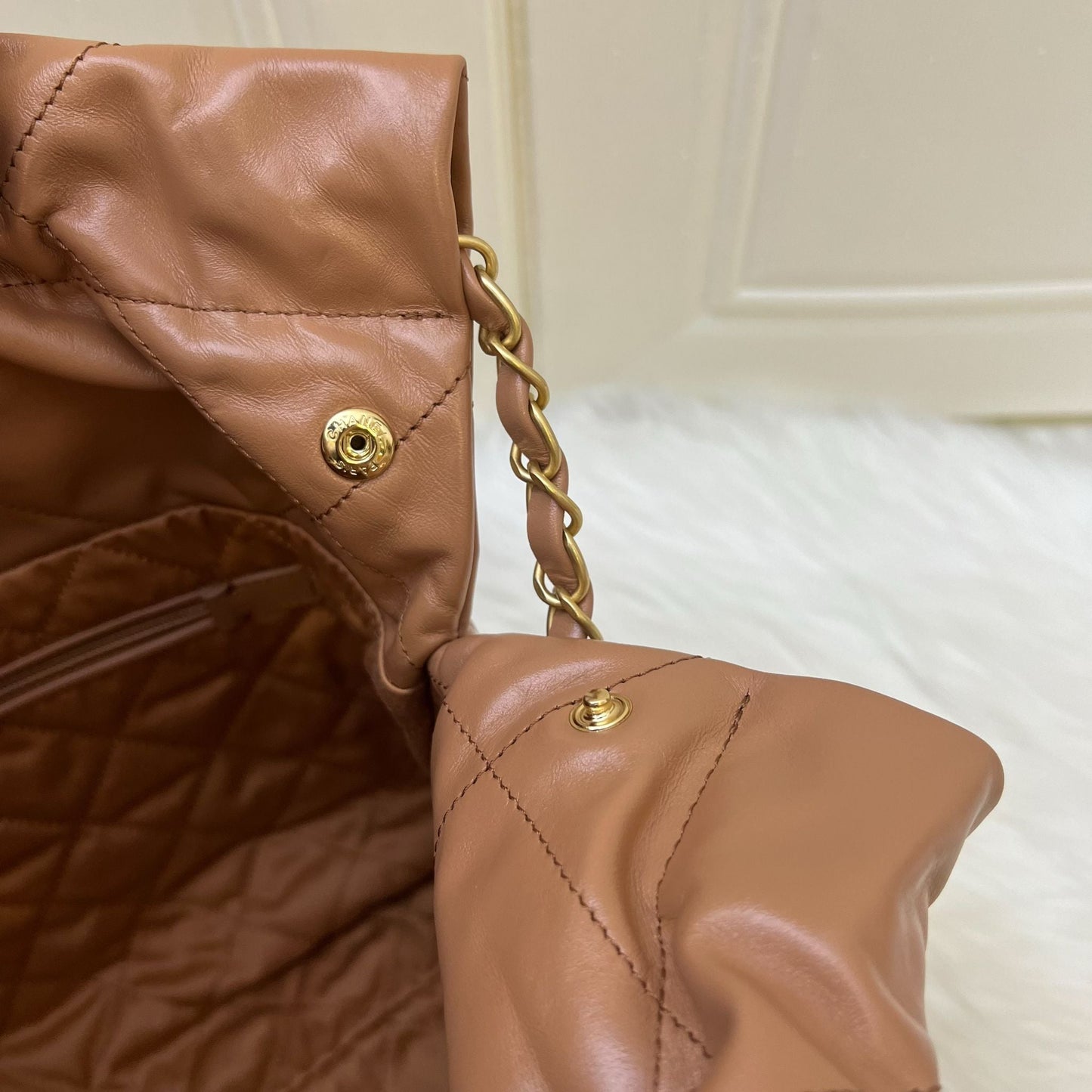 Chanel 22 Small Hobo Handbag in Caramel Calfskin and AGHW