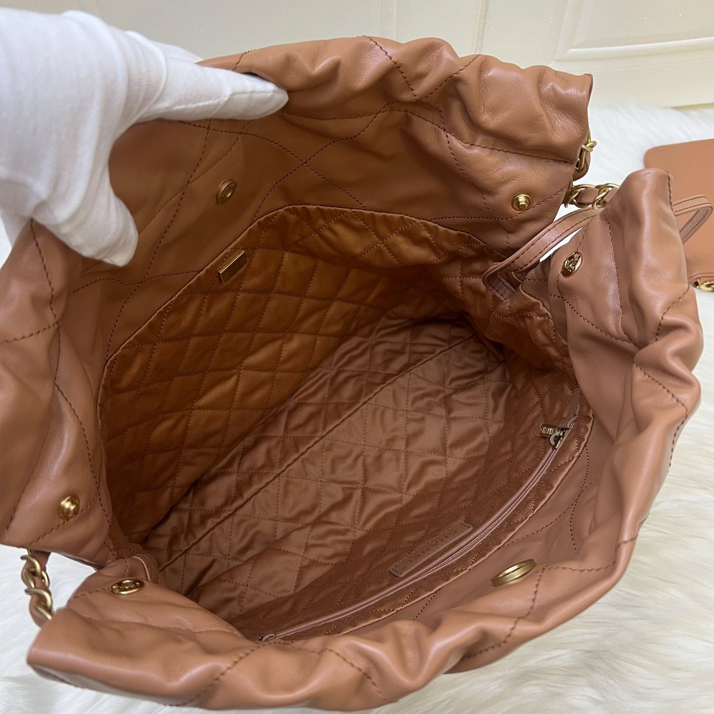 Chanel 22 Small Hobo Handbag in Caramel Calfskin and AGHW