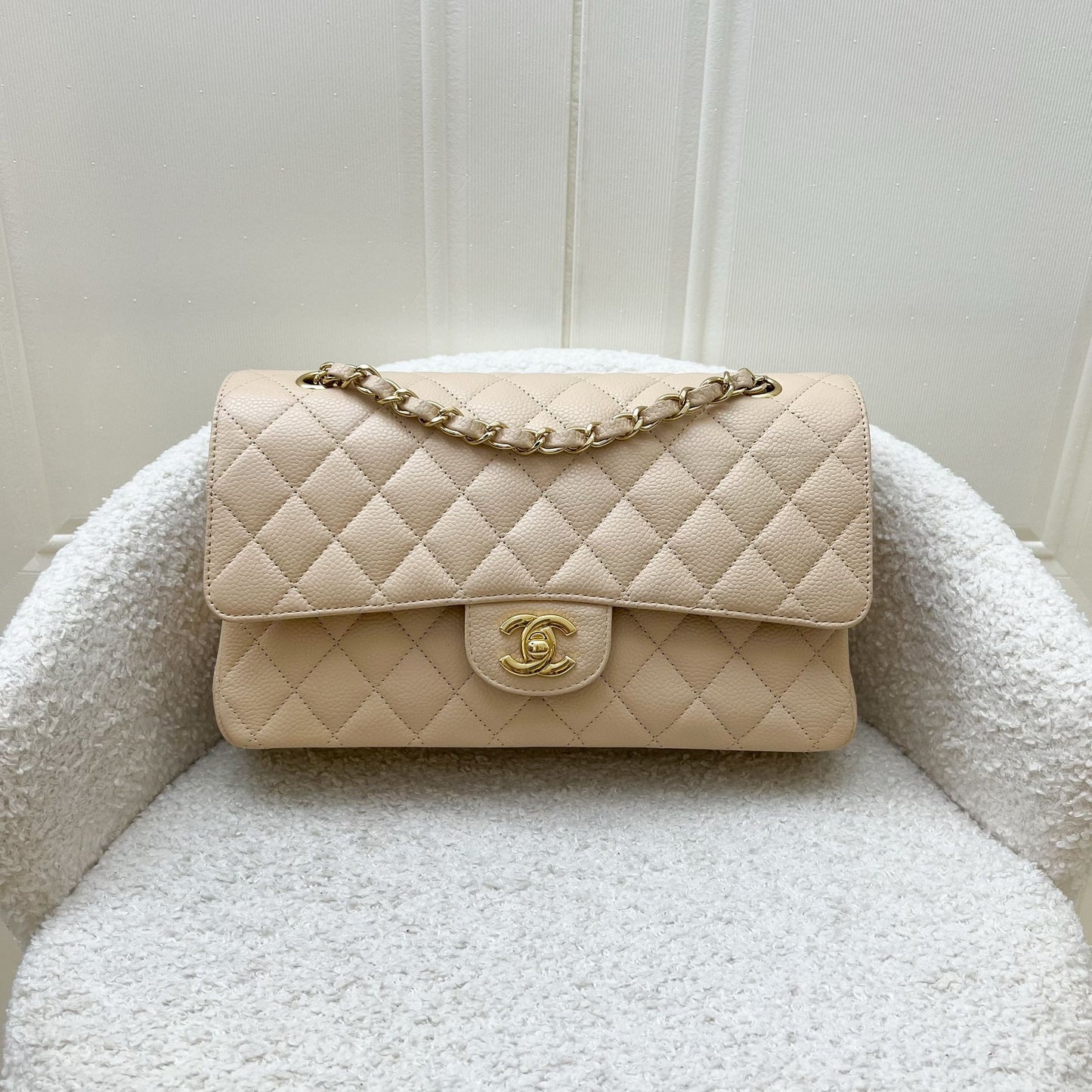 Chanel Medium Classic Flap CF in Beige Clair Caviar and GHW