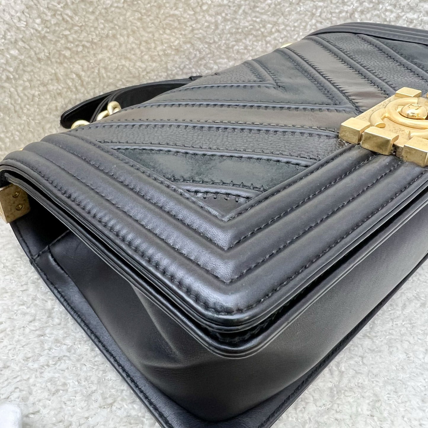 Chanel Medium 25cm Boy Flap in Chevron Quilted Black Leather / Caviar and AGHW