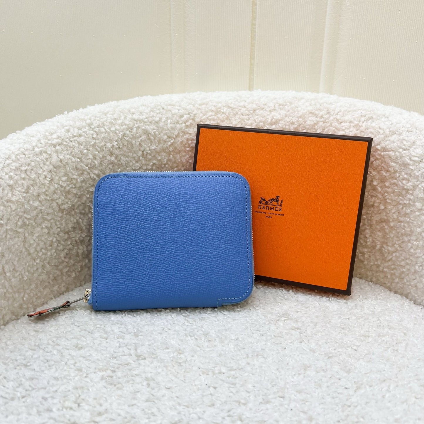 Hermes Silk in Compact Wallet in Bleu Paradis Epsom Leather and PHW