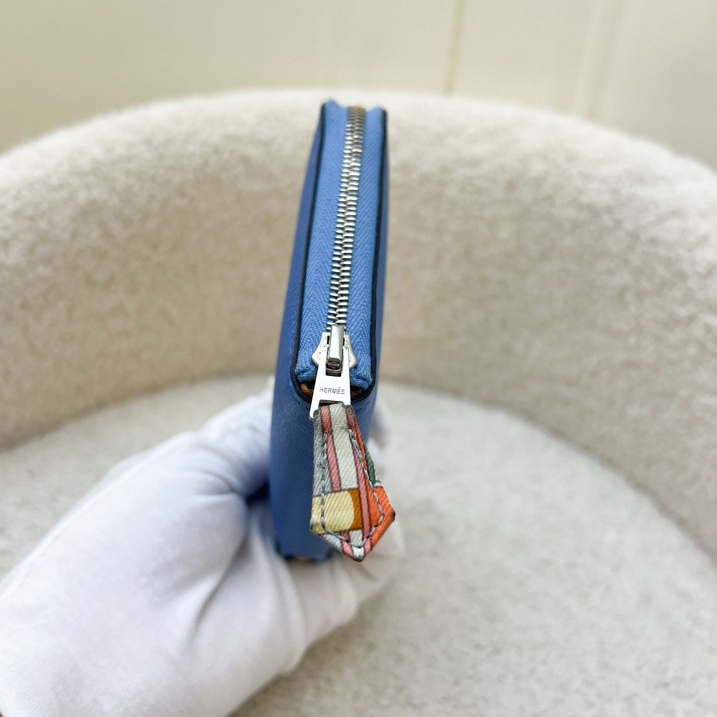 Hermes Silk in Compact Wallet in Bleu Paradis Epsom Leather and PHW