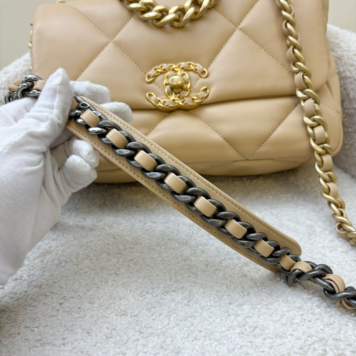 Chanel 19 Small Flap in 22C Beige Lambskin and 3-Tone Hardware