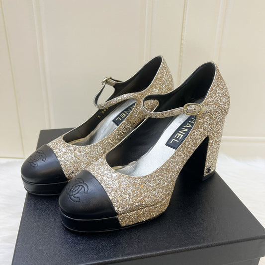 Chanel Platform Heels with Gold Glitter and Black Leather