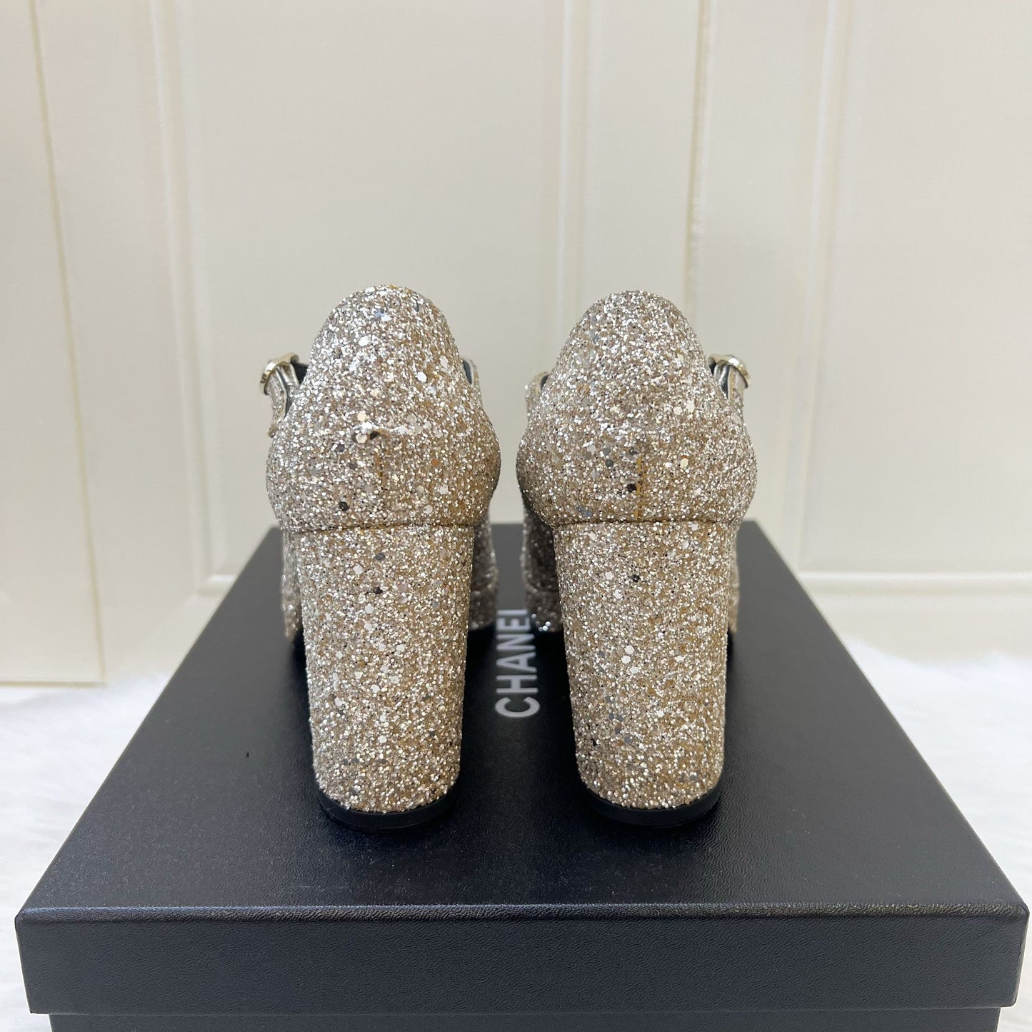 Chanel Platform Heels with Gold Glitter and Black Leather
