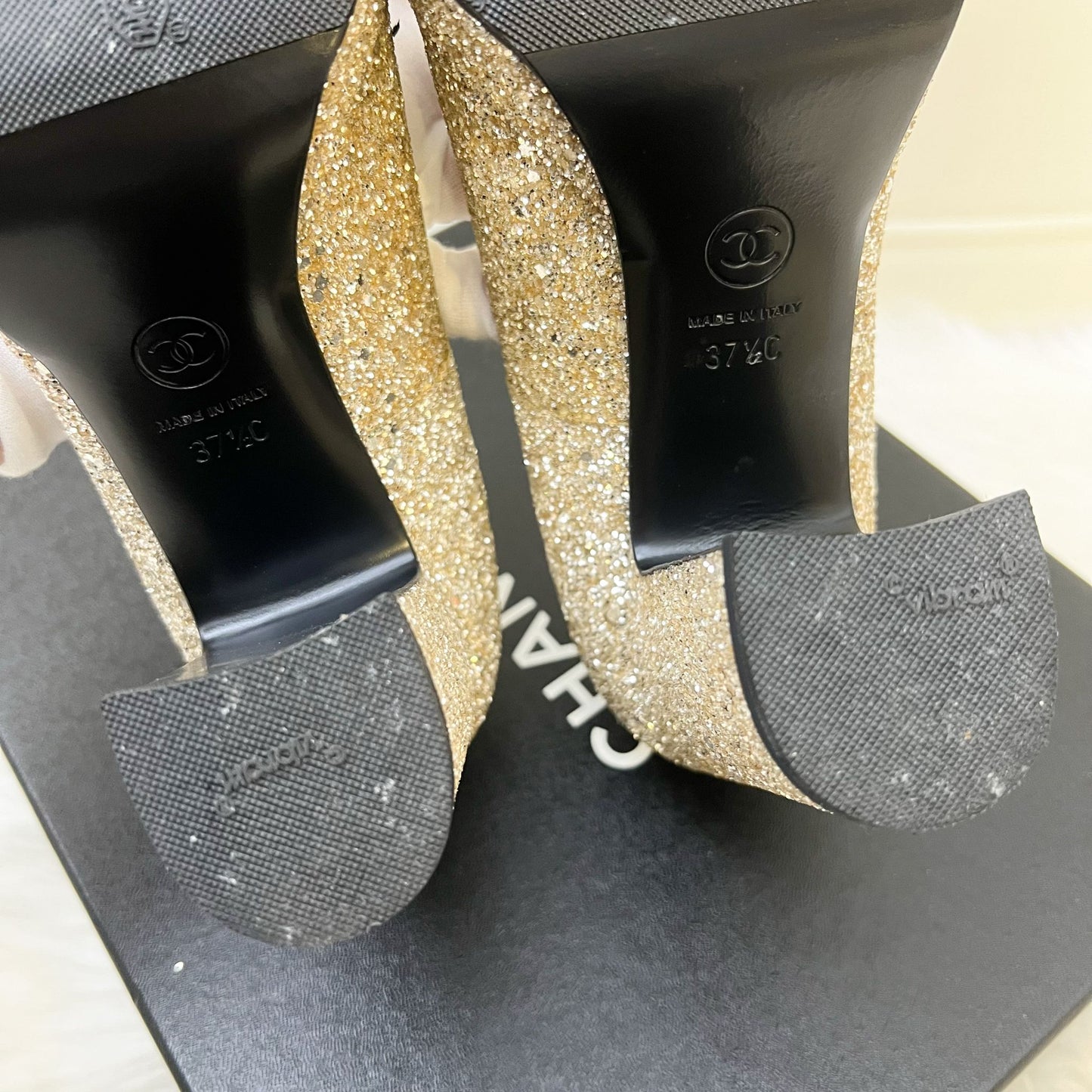 Chanel Platform Heels with Gold Glitter and Black Leather