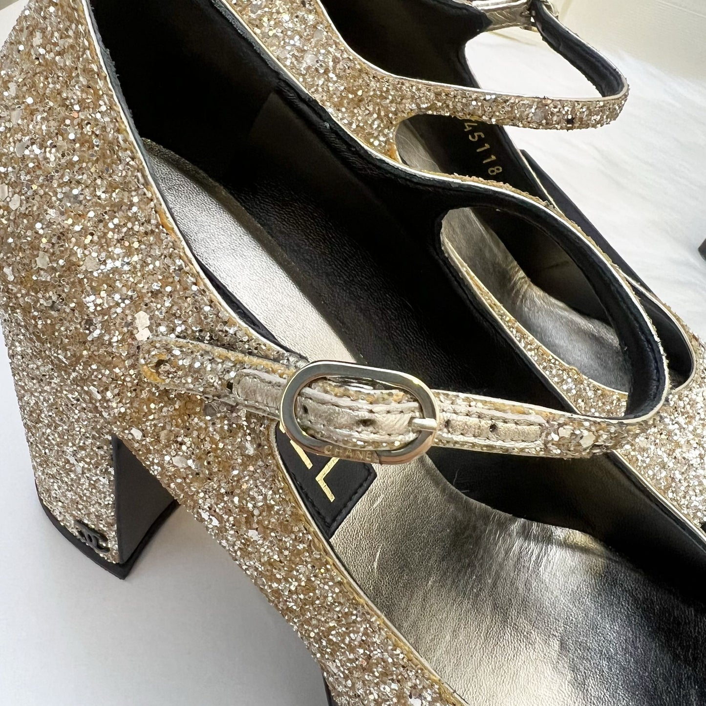 Chanel Platform Heels with Gold Glitter and Black Leather