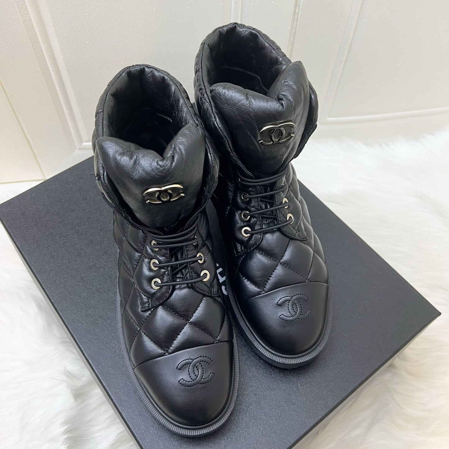 Chanel 23K Boots in Black Leather and SHW Sz 37.5