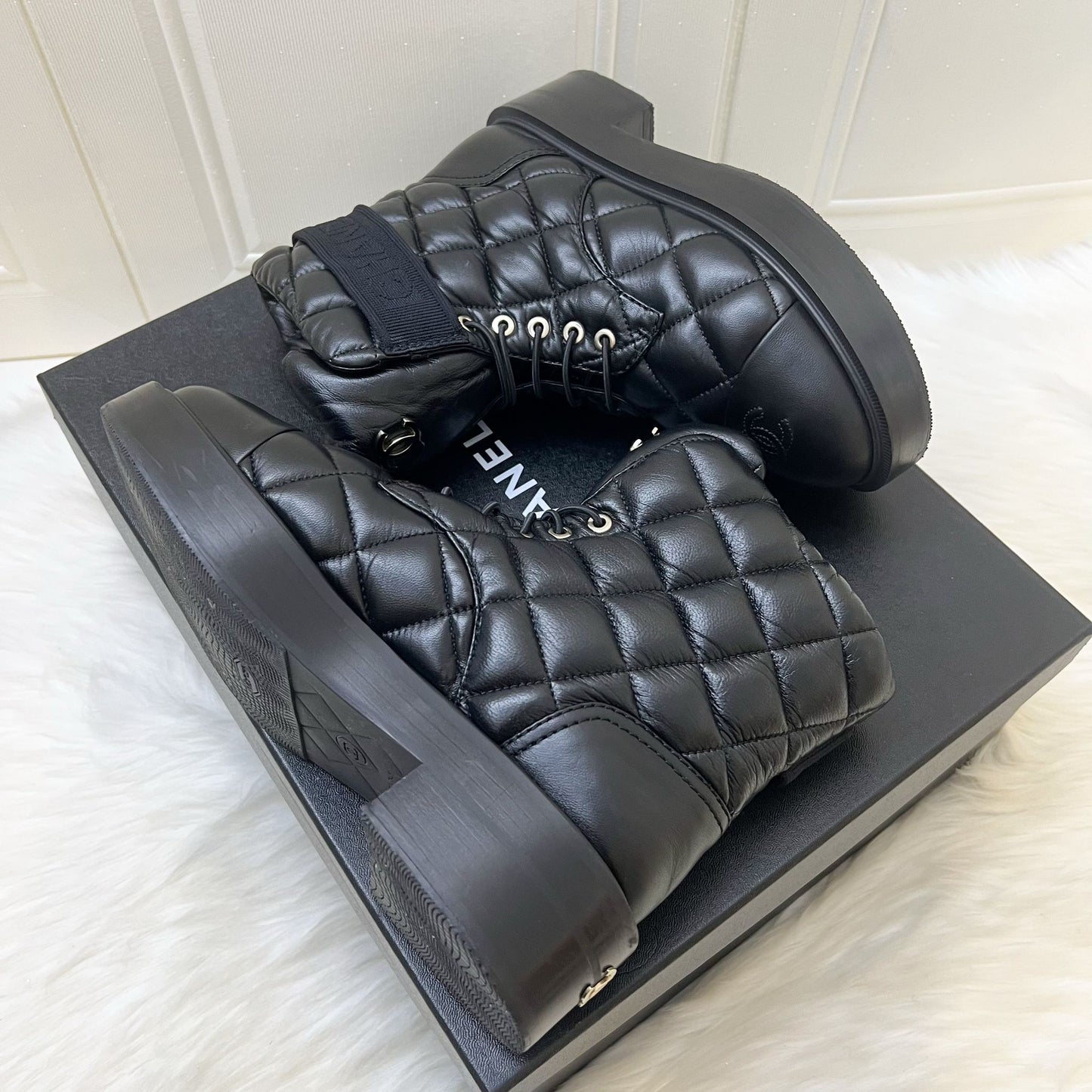 Chanel 23K Boots in Black Leather and SHW Sz 37.5