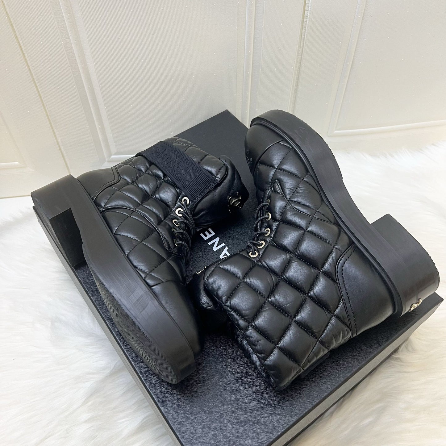 Chanel 23K Boots in Black Leather and SHW Sz 37.5