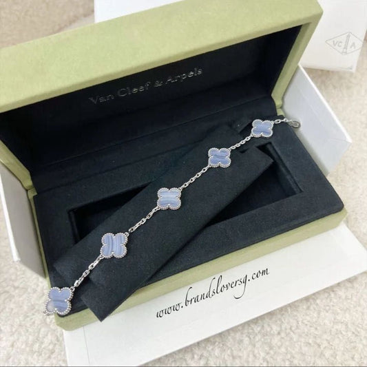 Van Cleef & Arpels VCA 5 Motif Vintage Alhambra Bracelet with Chalcedony and in 18K White Gold