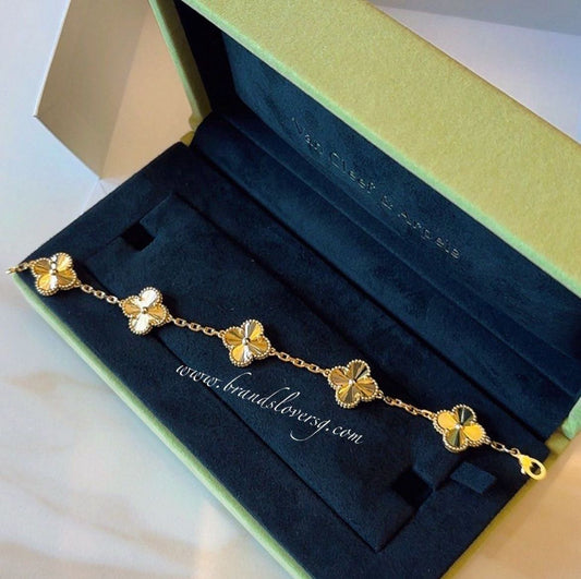 Van Cleef & Arpels VCA Vintage Alhambra 5 Motifs Guilloché Bracelet in 18K Yellow Gold