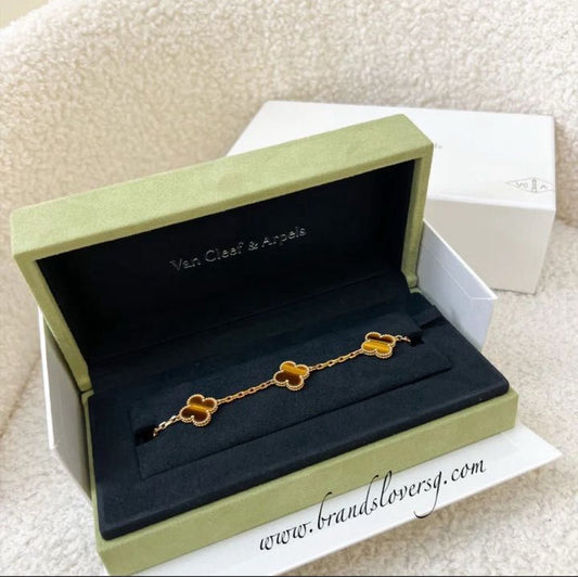 Van Cleef & Arpels VCA Vintage Alhambra 5 Motifs with Tiger Eye Stones and 18K GHW