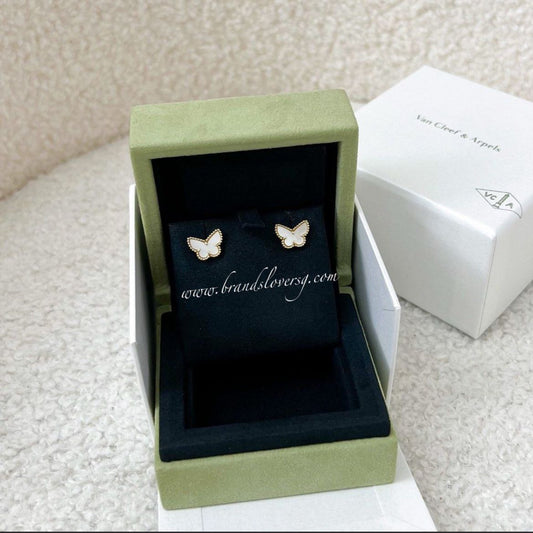 Van Cleef & Arpels VCA Sweet Alhambra Butterfly Ear Studs with Mother of Pearl MOP in 18K Yellow Gold