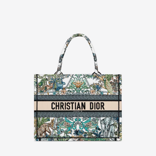 White Multicolor Étoile de Voyage Embroidery Medium D Book Tote - Tote Bag for Women