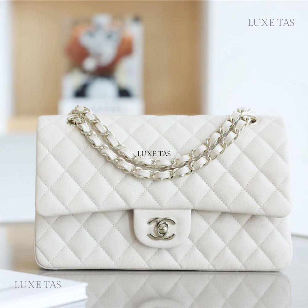 White Quilted Caviar Medium Classic Double Flap Bag Silver Hardware Leather Crossbody Bag for Women