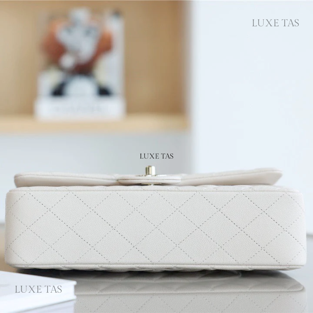 White Quilted Caviar Medium Classic Double Flap Bag Silver Hardware Leather Crossbody Bag for Women