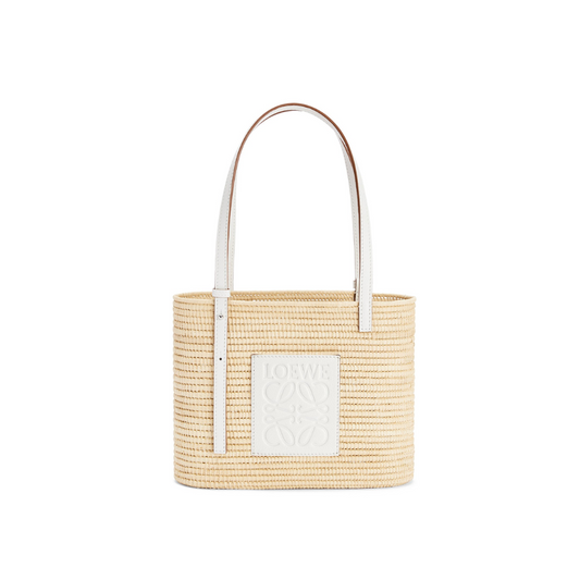 White Small Square Basket Bag In Raffia And Calfskin Designer Tote Bag for Women