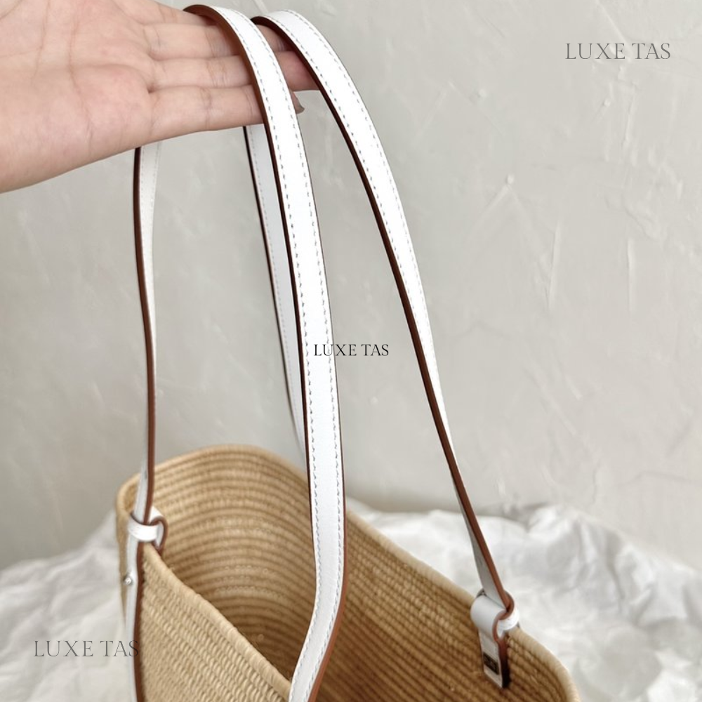 White Small Square Basket Bag In Raffia And Calfskin Designer Tote Bag for Women