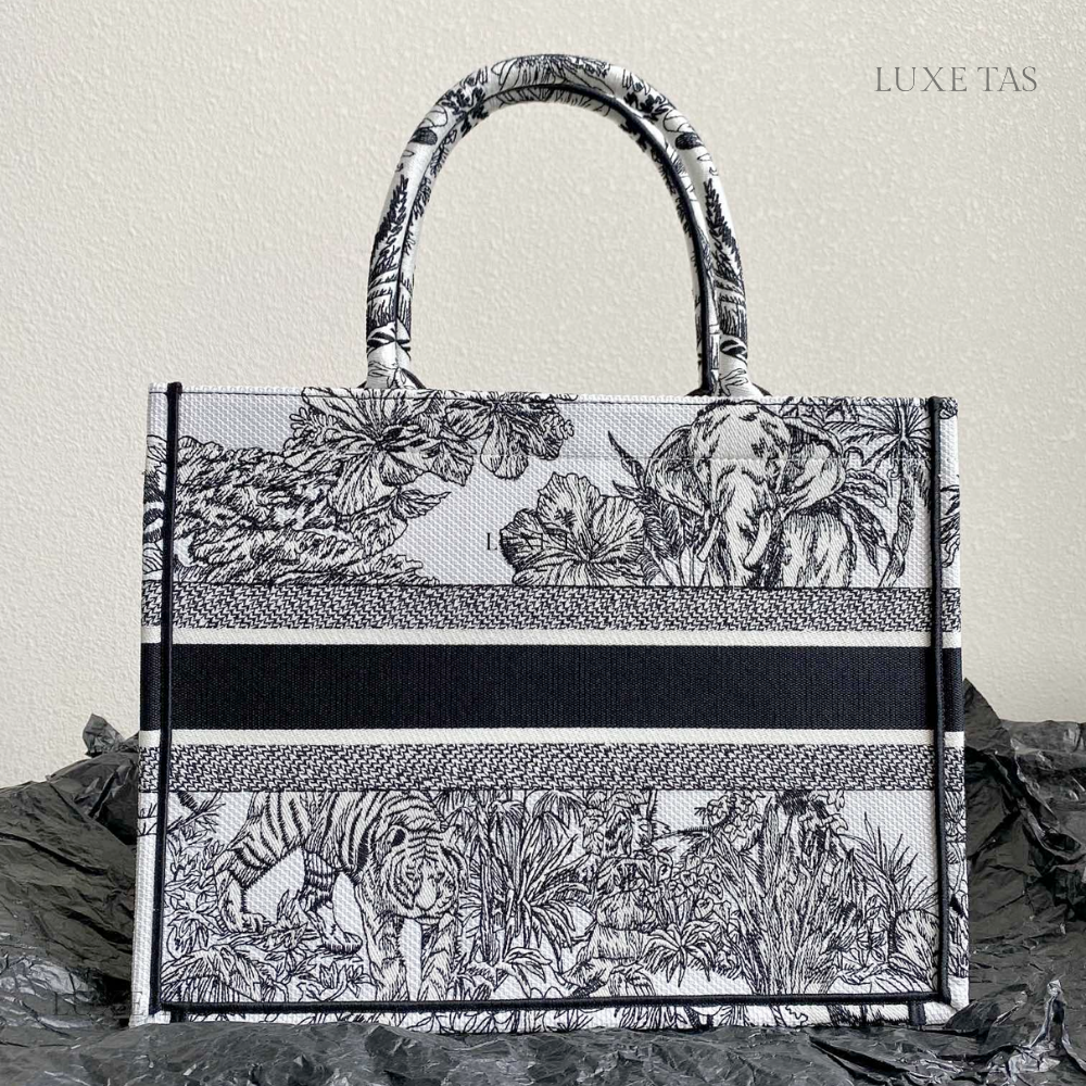 White and Black Toile de Jouy Voyage Embroidery Medium D Book Tote Tote Bag for Women