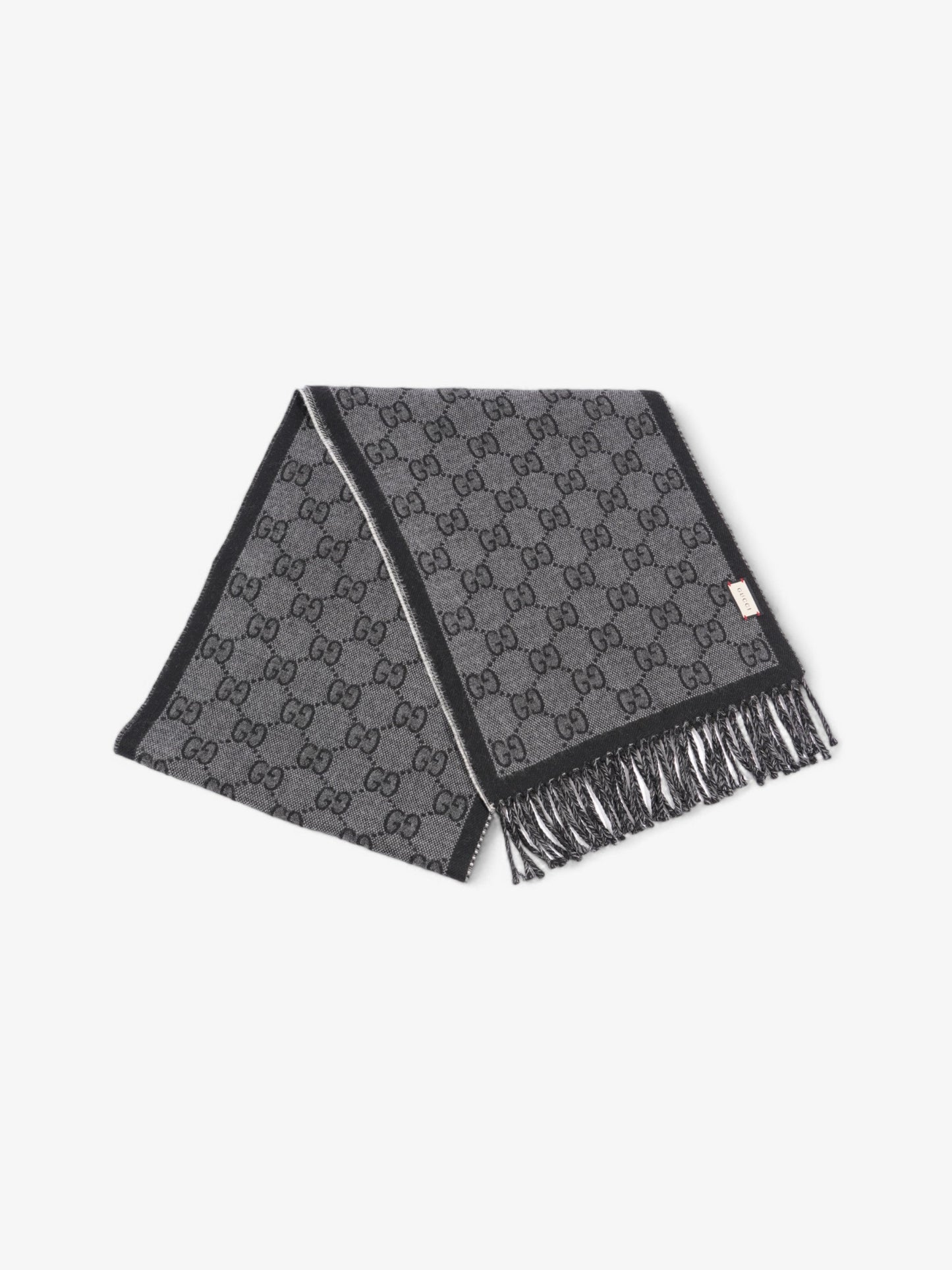 Gucci GG Jacquard Pattern Scarf with Tassels GG Supreme / Black / Grey Wool