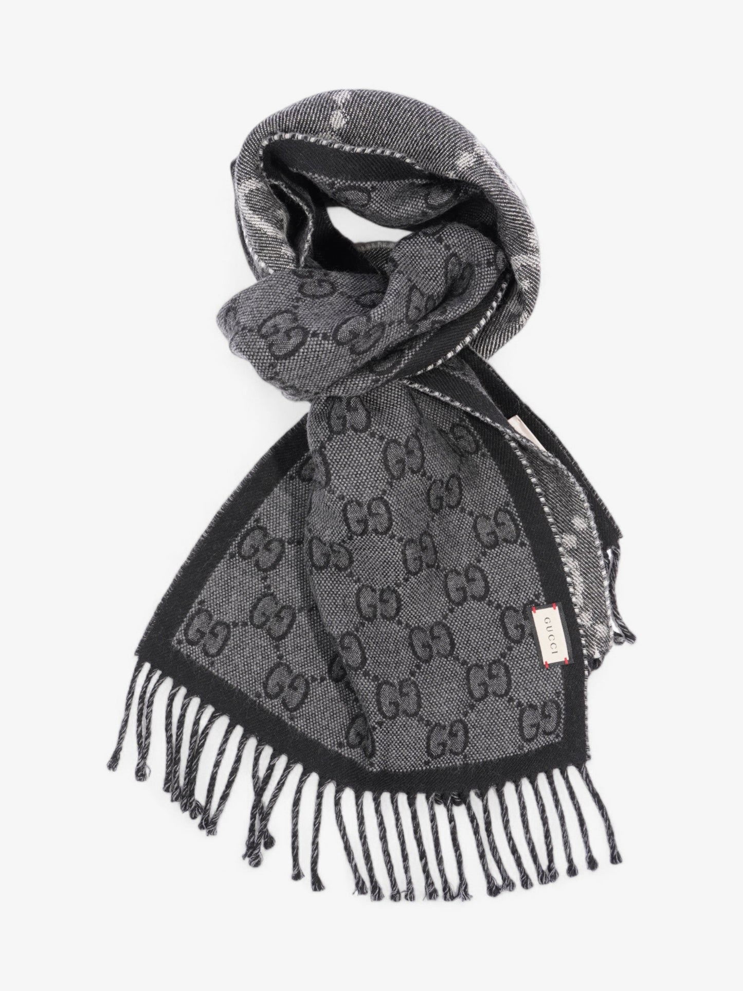 Gucci GG Jacquard Pattern Scarf with Tassels GG Supreme / Black / Grey Wool