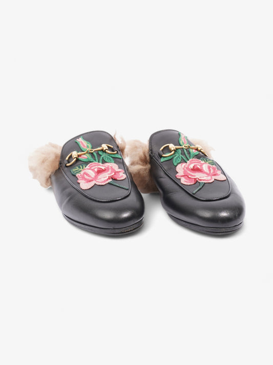 Gucci Princetown Rose Embroidered Horsebit Mules Black / Pink Leather EU 37 UK 4