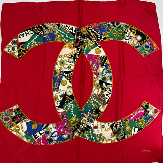CHANEL Jumbo CC Chain Motif Silk Scarf – Red Multicolor