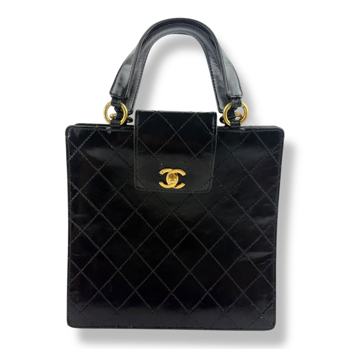 Chanel Patent Leather Black Black Turn Lock Tote Handbag