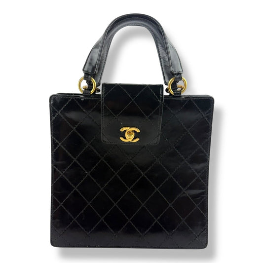 Chanel Patent Leather Black Black Turn Lock Tote Handbag