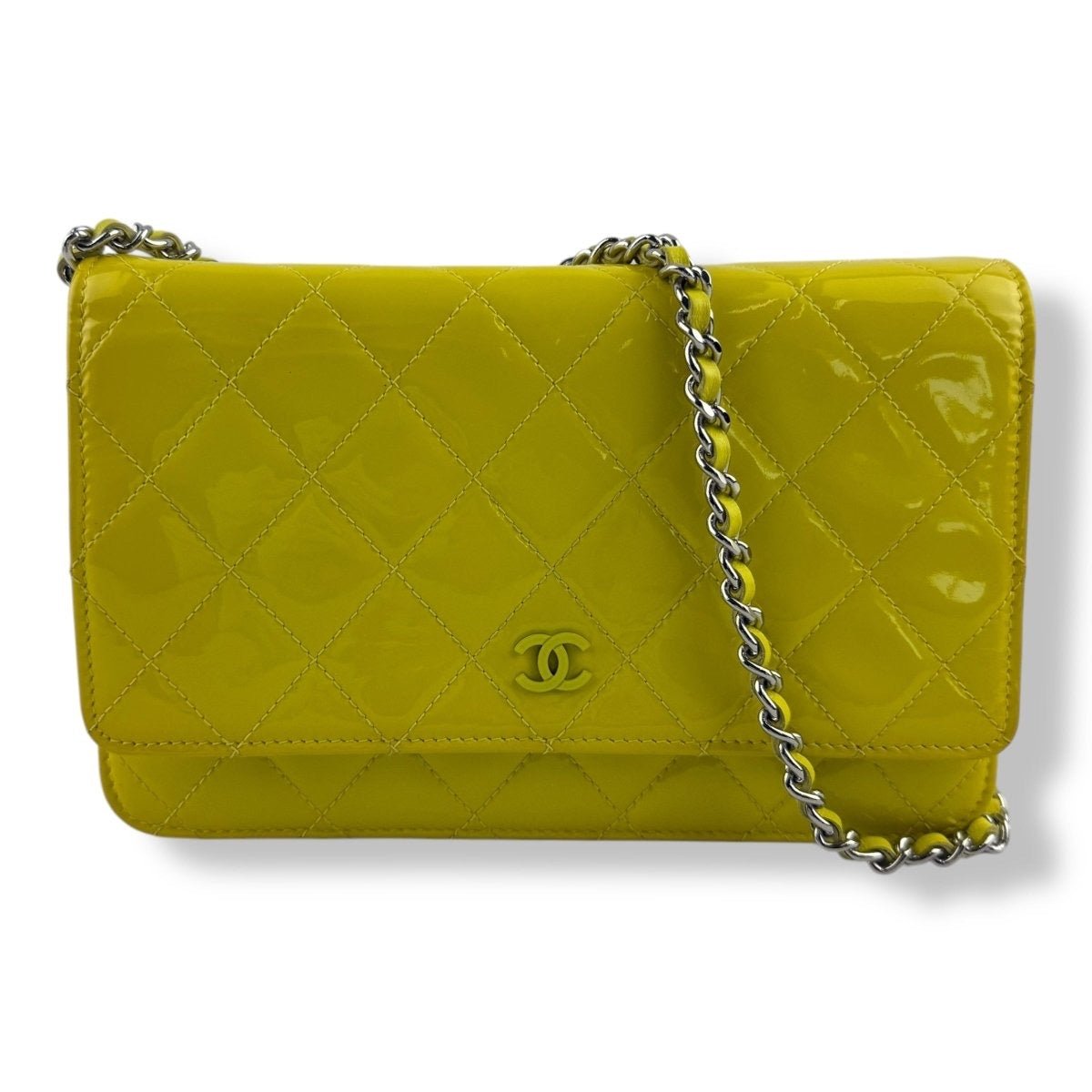 CHANEL Patent Quilted Wallet On Chain WOC Yellow Handbag