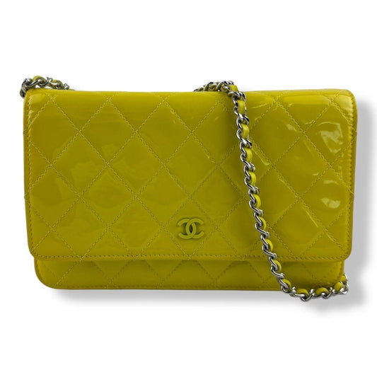CHANEL Patent Quilted Wallet On Chain WOC Yellow Handbag