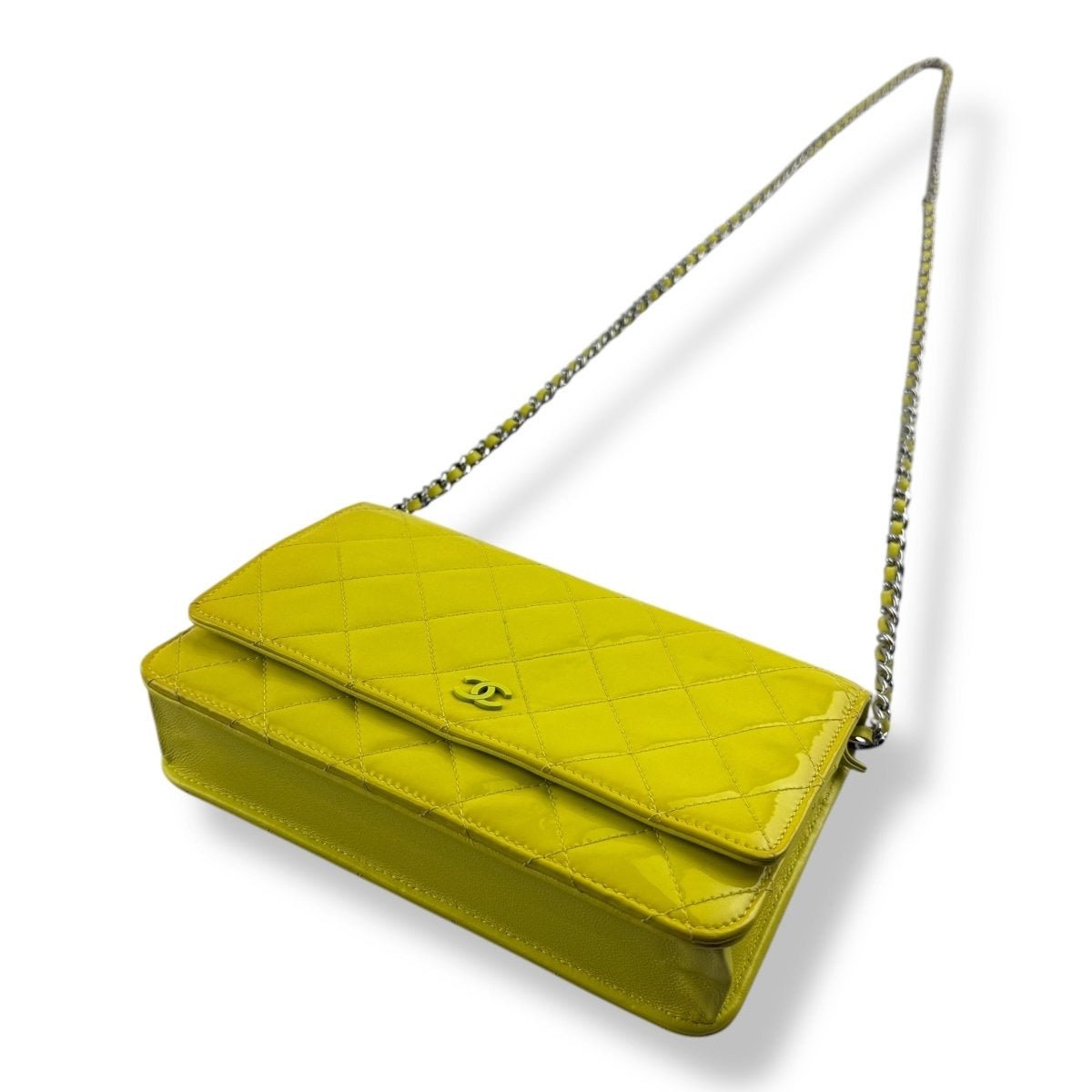 CHANEL Patent Quilted Wallet On Chain WOC Yellow Handbag