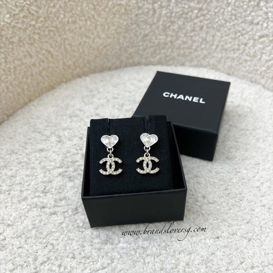 Chanel 23S Crystal CC Heart Drop Earrings in LGHW