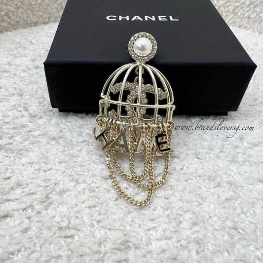 Chanel Classic CC Bird Cage Brooch in Light Gold HW