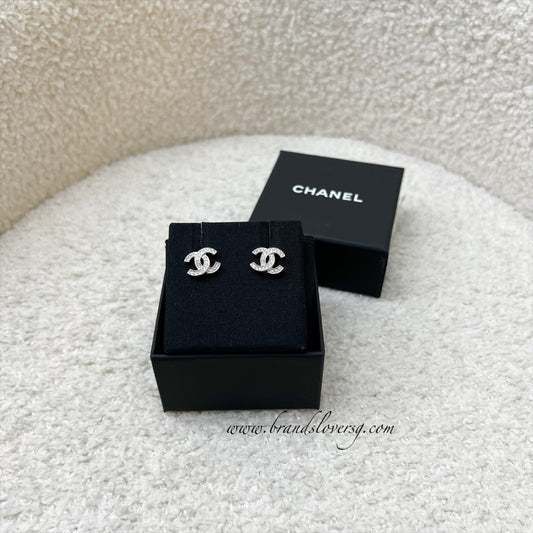 Chanel Classic CC Logo Small Earrings with Crystals in SHW (Model: ABE100)