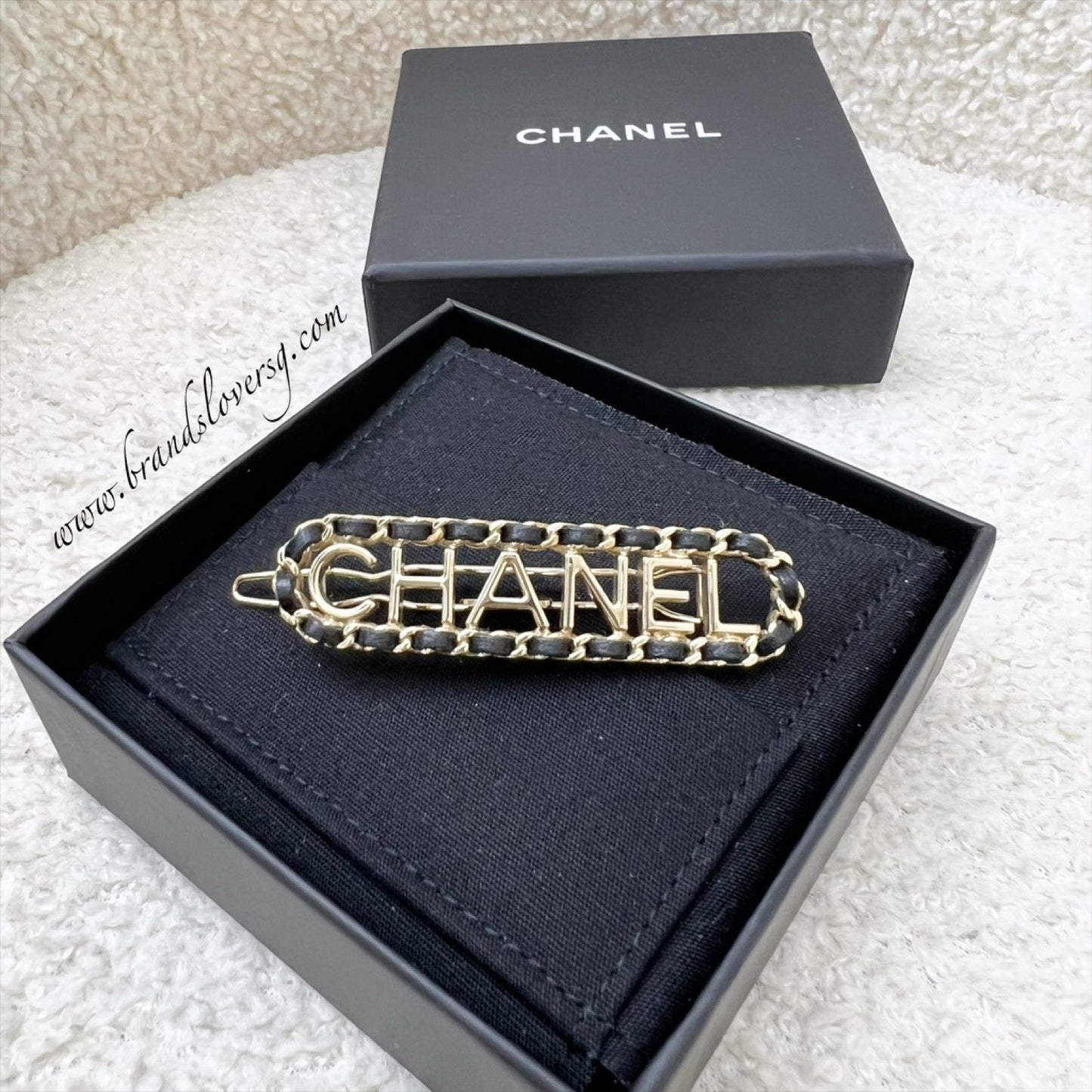 Chanel Chain Around Hairpin / Hairclip with Black Leather in LGHW