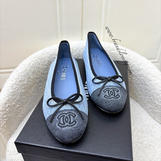 Chanel Classic Ballerina Pumps in Embroidered Light Blue Denim / Black Gosgrain Sz 37.5