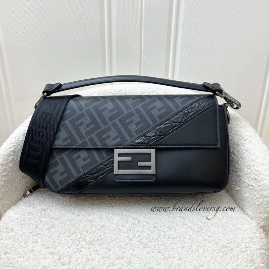 Fendi Baguette in Black Leather, Grey Canvas and SHW