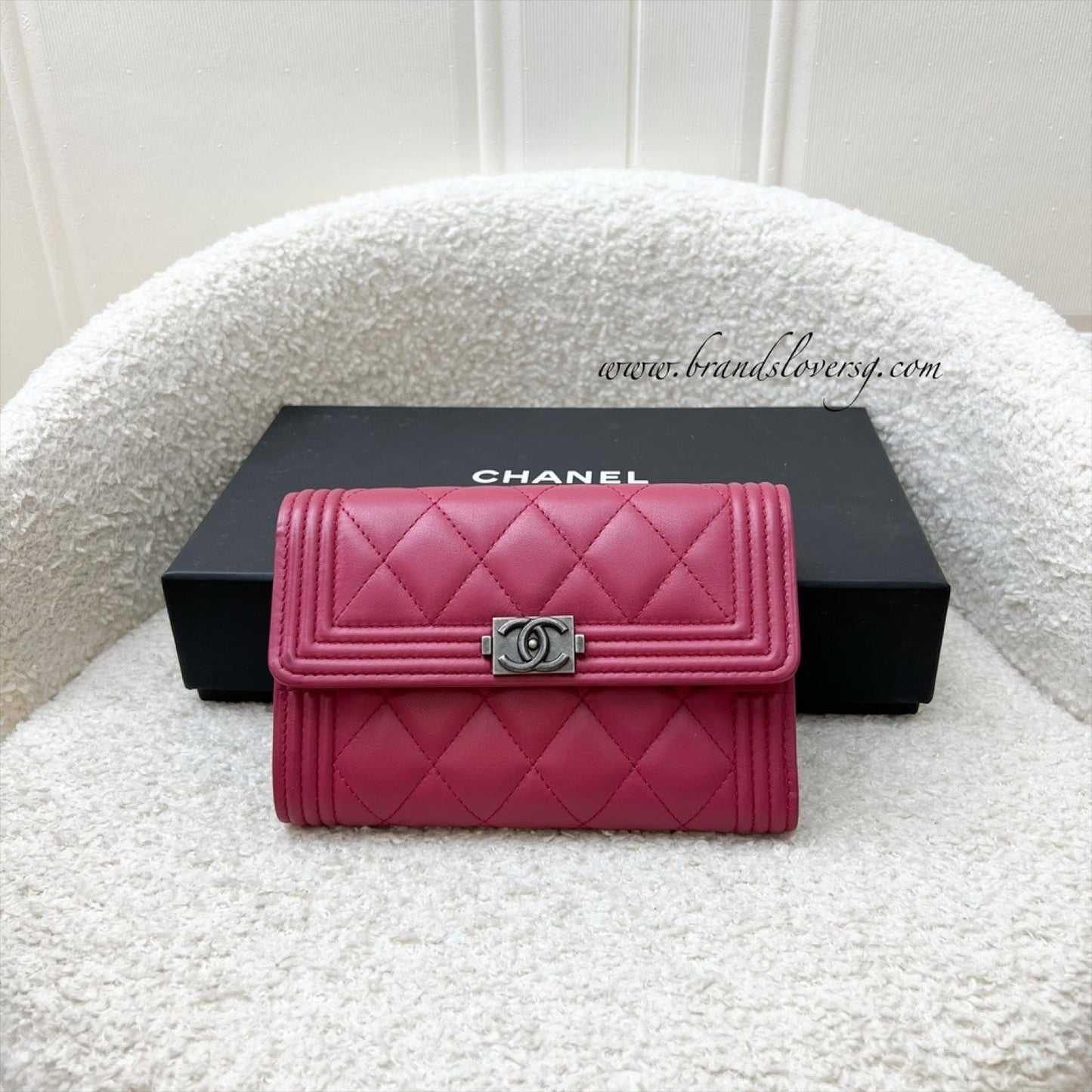 Chanel Boy Mid Length Wallet in Dark Pink Lambskin and RHW