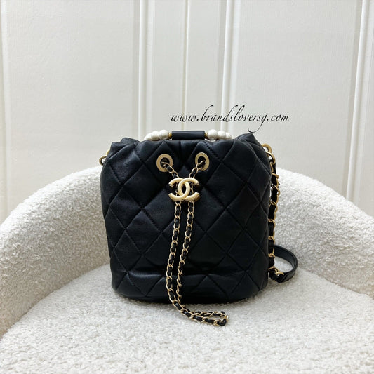 Chanel Pearl Handle Mini Drawstring Bucket Bag in Black Lambskin and AGHW (Model: AS2608)