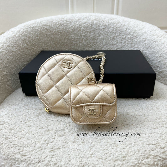 Chanel 2024 VIP Gift Round Pouch and Airpods Holder Bag Charm in Metallic Gold Lambskin and LGHW