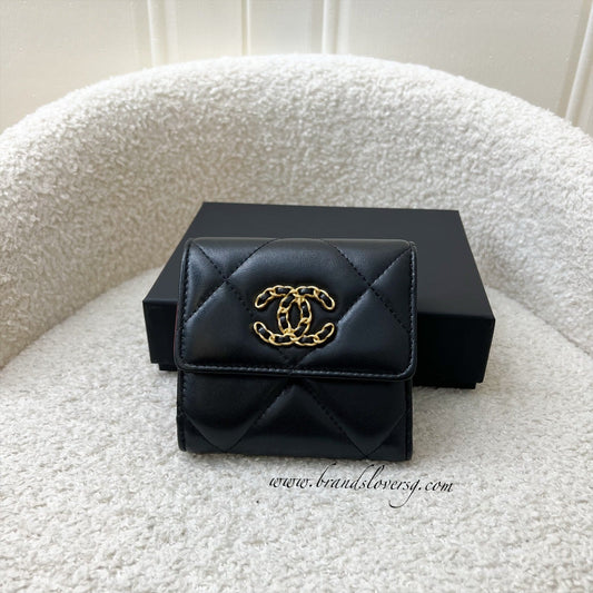 Chanel 19 Compact Trifold Wallet in Black Lambskin and AGHW