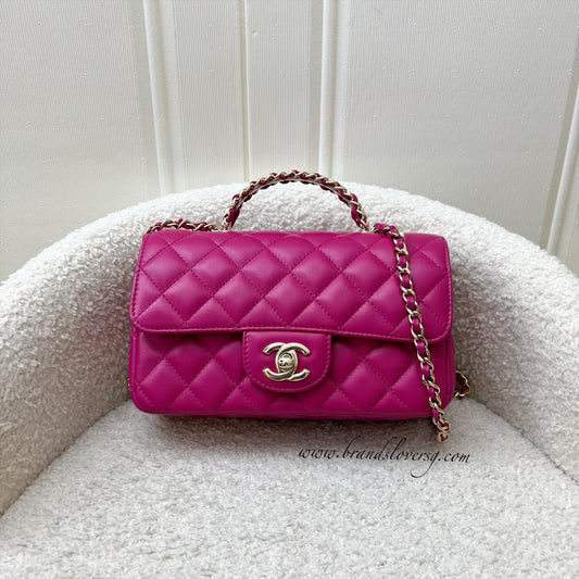 Chanel 23A Mini Rectangle Flap with Crystals Top Handle in Hot Pink Lambskin and LGHW (Model: AS4141)