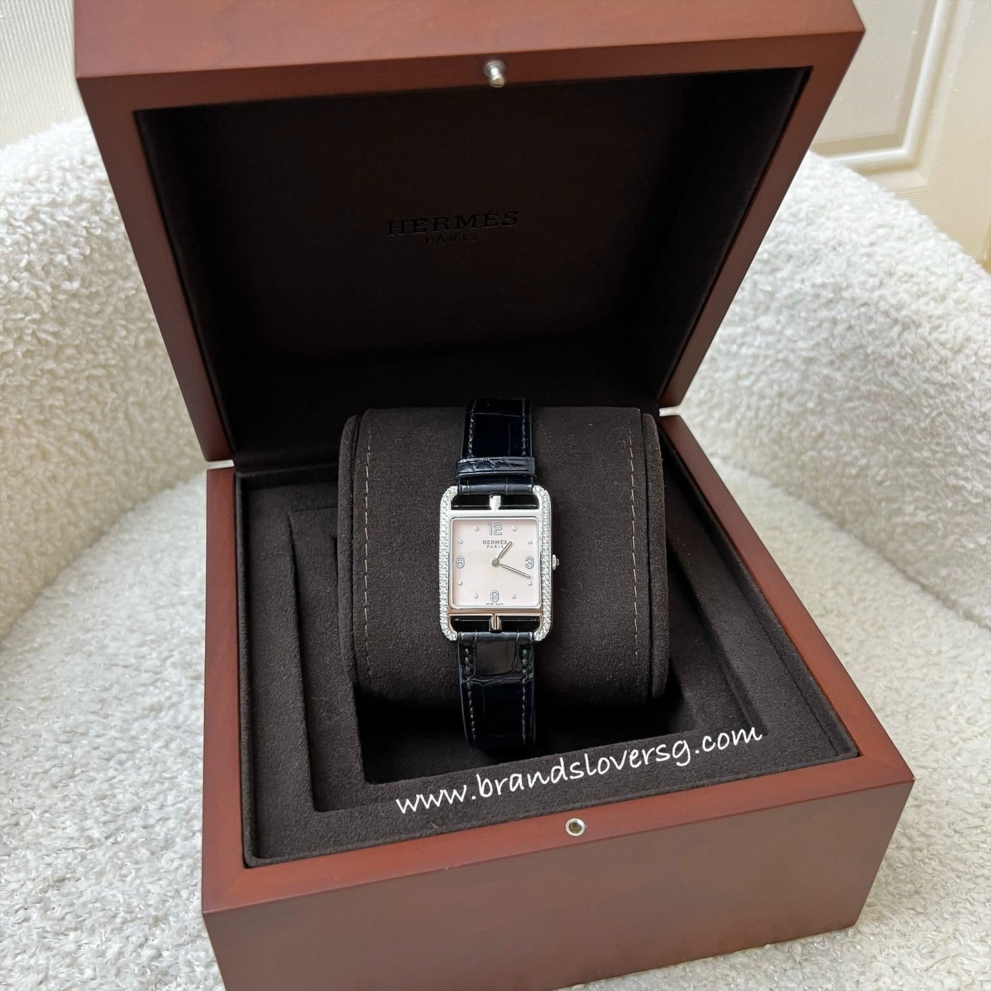 Hermes Cape Cod PM 37mm Quartz Watch with Diamonds and Rose Pale Alligator Strap + Extra Strap (Black Alligator) worth $700 (Model: CC2.732C)