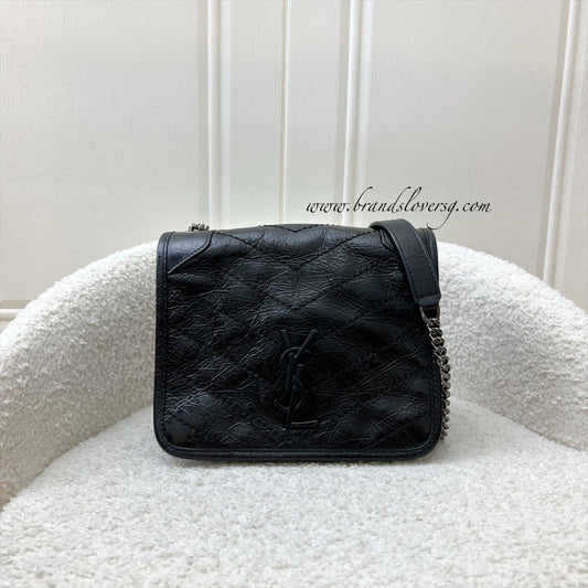 Saint Laurent YSL Niki Wallet on Chain WOC in Black Vintage Crinkled Calfskin and RHW